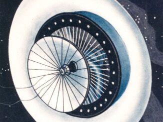 Scientific illustration of a space station from before rockets entered space, a white disk trailing cables like Lovecraftian tentacles, surrounding the reflective petals of a concave, segmented solar mirror.