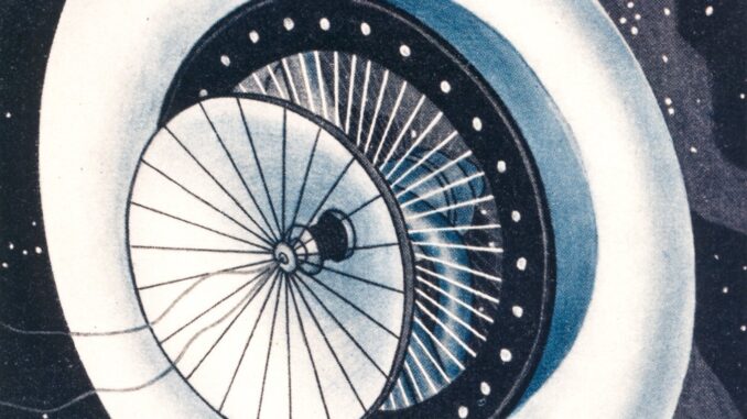 Scientific illustration of a space station from before rockets entered space, a white disk trailing cables like Lovecraftian tentacles, surrounding the reflective petals of a concave, segmented solar mirror.