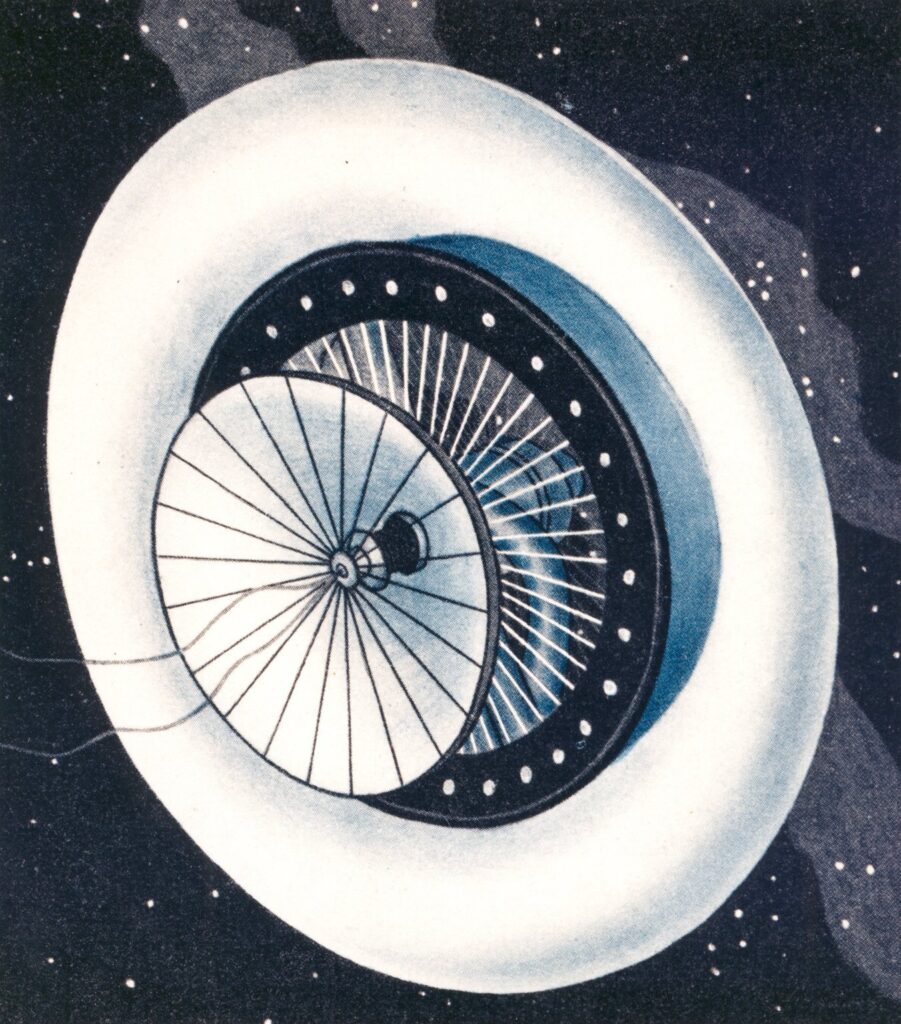 Scientific illustration of a space station from before rockets entered space, a white disk trailing cables like Lovecraftian tentacles, surrounding the reflective petals of a concave, segmented solar mirror.