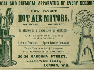 Scientific illustration of two Hot Air Motors, devices that turned hot air into circular motion. It's a very 1890s-looking ad, with about 8 typefaces arrayed between two different mechanisms with vertical cylinders between metal legs supporting some kind of spinning wheel contraption.