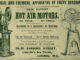 Scientific illustration of two Hot Air Motors, devices that turned hot air into circular motion. It's a very 1890s-looking ad, with about 8 typefaces arrayed between two different mechanisms with vertical cylinders between metal legs supporting some kind of spinning wheel contraption.