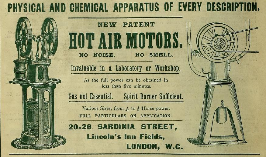 Scientific illustration of two Hot Air Motors, devices that turned hot air into circular motion. It's a very 1890s-looking ad, with about 8 typefaces arrayed between two different mechanisms with vertical cylinders between metal legs supporting some kind of spinning wheel contraption.