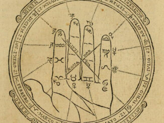 Scientific illustration of the human hand as a measuring instrument for the constellations of the zodiac, showing their order and corresponding planets and months in a circular chart almost like a hand of Fatima.