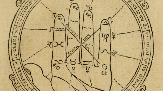 Scientific illustration of the human hand as a measuring instrument for the constellations of the zodiac, showing their order and corresponding planets and months in a circular chart almost like a hand of Fatima.