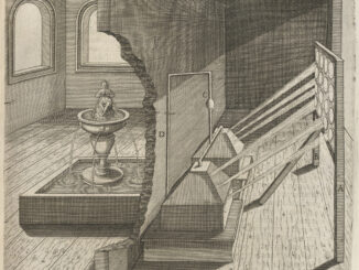 Scientific illustration of optical equipment studying light in the Early Modern period. Sunlight streams through a window and a board containing a series of lenses or apertures, focusing it on boxes and some sort of cutaway wall.