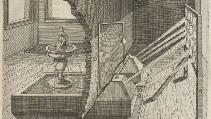 Scientific illustration of optical equipment studying light in the Early Modern period. Sunlight streams through a window and a board containing a series of lenses or apertures, focusing it on boxes and some sort of cutaway wall.