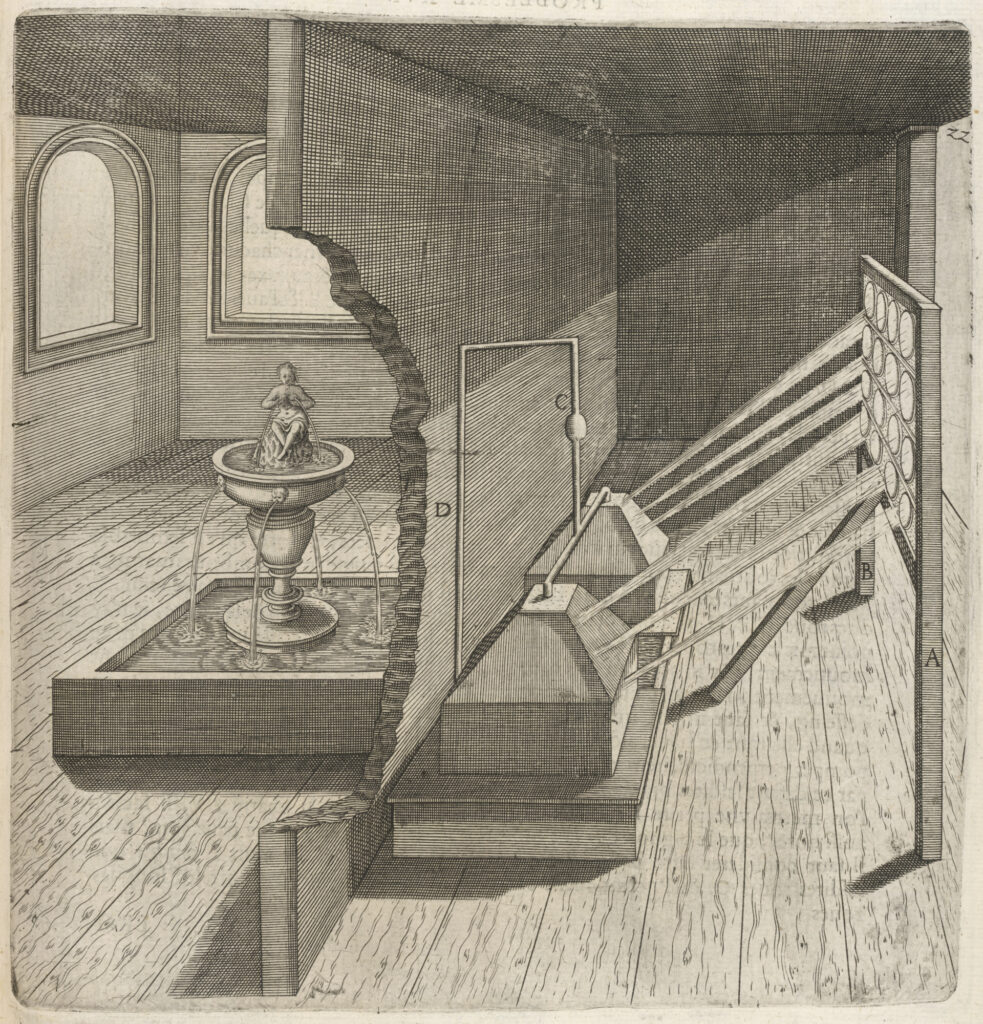 Scientific illustration of optical equipment studying light in the Early Modern period. Sunlight streams through a window and a board containing a series of lenses or apertures, focusing it on boxes and some sort of cutaway wall.