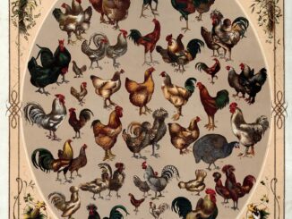 A scientific illustration of chicken breeds, in the form of an ornate oval frame bursting with proud and colorful domestic birds - 52 of them, to be precise.