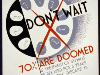 Scientific illustration of... well, it's a diagram of the percentage of people who are "doomed" if they don't get a syphilis test in time. The diagram just happens to look a little like a petri dish, and a little like a centrifuge used in medical testing. It's very Art Deco, with Bauhaus-style faces inside the circle and a very Modernist grotesque typeface.