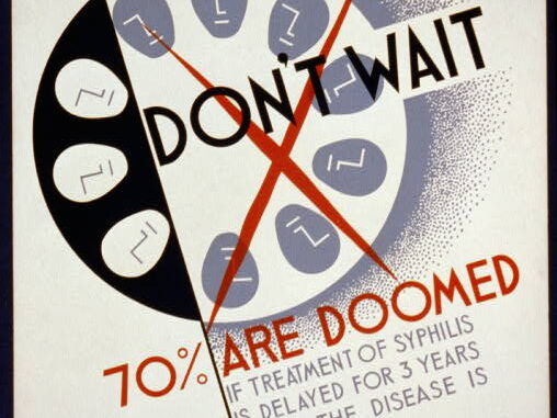 Scientific illustration of... well, it's a diagram of the percentage of people who are "doomed" if they don't get a syphilis test in time. The diagram just happens to look a little like a petri dish, and a little like a centrifuge used in medical testing. It's very Art Deco, with Bauhaus-style faces inside the circle and a very Modernist grotesque typeface.