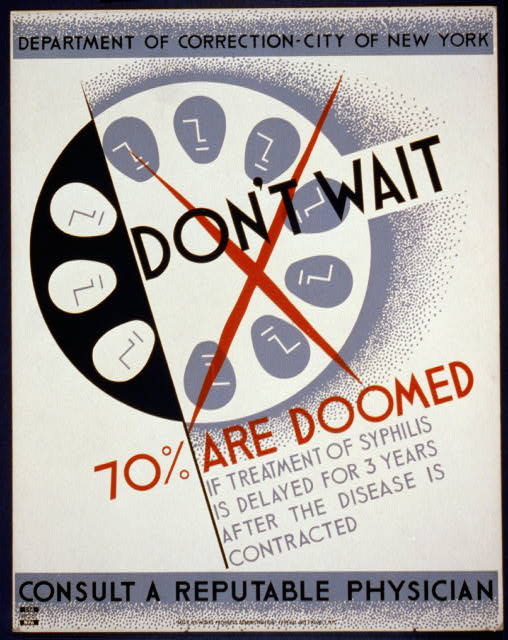 Scientific illustration of... well, it's a diagram of the percentage of people who are "doomed" if they don't get a syphilis test in time. The diagram just happens to look a little like a petri dish, and a little like a centrifuge used in medical testing. It's very Art Deco, with Bauhaus-style faces inside the circle and a very Modernist grotesque typeface.