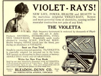 A woman with short, bushy hair holds a cylindrical device and smiles next to a headline shouting VIOLET-RAYS! above a scientific illustration of a case of electric equipment that promises SOOTHING, INVIGORATING, CURATIVE VIOLET-RAYS, which are ABSOLUTELY SAFE and GUARANTEED.
