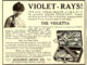 A woman with short, bushy hair holds a cylindrical device and smiles next to a headline shouting VIOLET-RAYS! above a scientific illustration of a case of electric equipment that promises SOOTHING, INVIGORATING, CURATIVE VIOLET-RAYS, which are ABSOLUTELY SAFE and GUARANTEED.