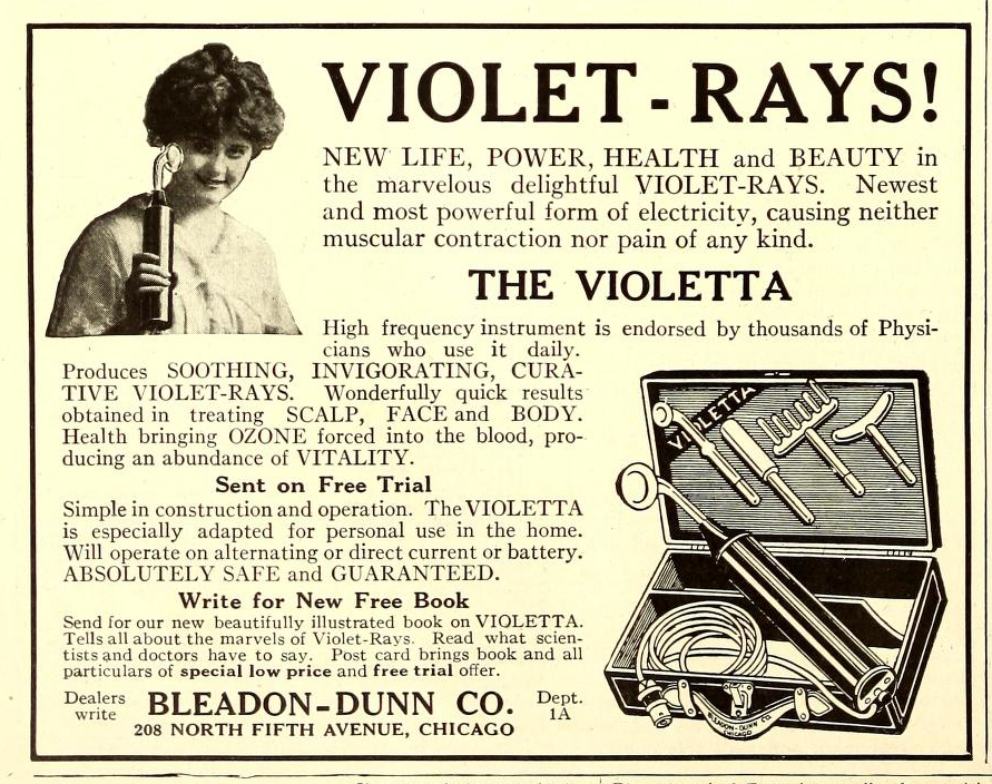 A woman with short, bushy hair holds a cylindrical device and smiles next to a headline shouting VIOLET-RAYS! above a scientific illustration of a case of electric equipment that promises SOOTHING, INVIGORATING, CURATIVE VIOLET-RAYS, which are ABSOLUTELY SAFE and GUARANTEED.