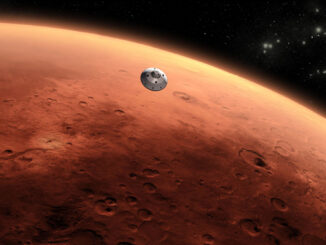 Scientific illustration of the saucer-shaped Curiosity Mars probe, a white circle, descending toward the vast reddish sphere that is Mars, spinning around the Sun.