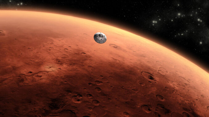Scientific illustration of the saucer-shaped Curiosity Mars probe, a white circle, descending toward the vast reddish sphere that is Mars, spinning around the Sun.