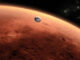 Scientific illustration of the saucer-shaped Curiosity Mars probe, a white circle, descending toward the vast reddish sphere that is Mars, spinning around the Sun.