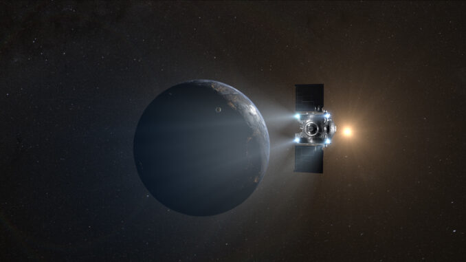 A dark spacecraft firing four small, glowing engines nears a round, rocky planet or planetoid. Perhaps it is Earth. The sun is small in the distance.