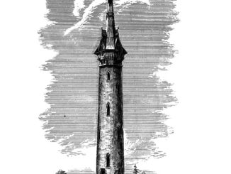 Scientific illustration of a stand-pipe, looking like a church steeple against a cloudy sky, a tower rising up to help regulate water flow in a black and white engraving.