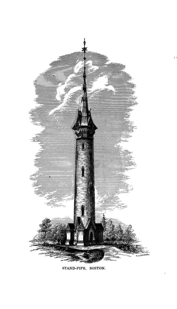 Scientific illustration of a stand-pipe, looking like a church steeple against a cloudy sky, a tower rising up to help regulate water flow in a black and white engraving.