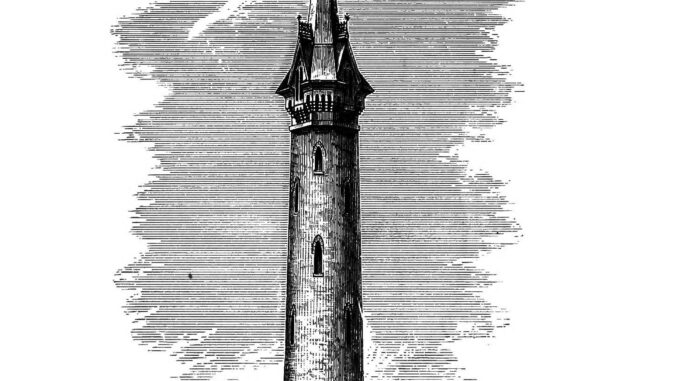 Scientific illustration of a stand-pipe, looking like a church steeple against a cloudy sky, a tower rising up to help regulate water flow in a black and white engraving.