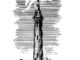 Scientific illustration of a stand-pipe, looking like a church steeple against a cloudy sky, a tower rising up to help regulate water flow in a black and white engraving.
