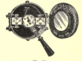 Scientific illustration of a commercially available electric switch from 1905, a lever that creates a connection which turns an arc light on or off, indicating if the circuit is live. It's designed for the mains of a house, I think, or at least for wiring entering a building.