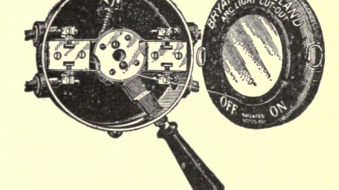 Scientific illustration of a commercially available electric switch from 1905, a lever that creates a connection which turns an arc light on or off, indicating if the circuit is live. It's designed for the mains of a house, I think, or at least for wiring entering a building.