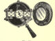 Scientific illustration of a commercially available electric switch from 1905, a lever that creates a connection which turns an arc light on or off, indicating if the circuit is live. It's designed for the mains of a house, I think, or at least for wiring entering a building.