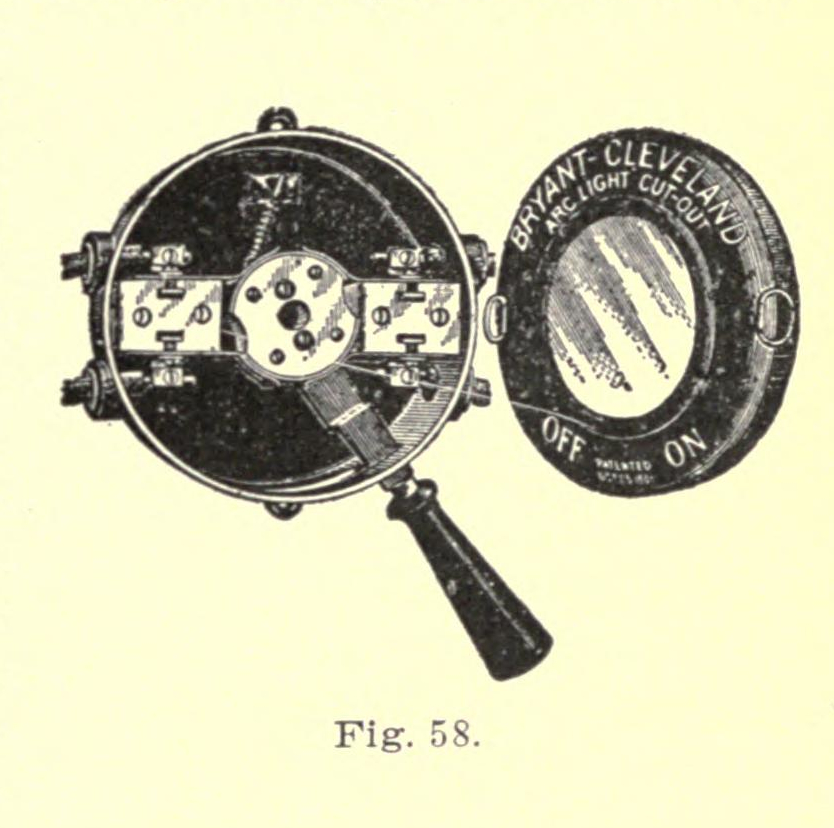 Scientific illustration of a commercially available electric switch from 1905, a lever that creates a connection which turns an arc light on or off, indicating if the circuit is live. It's designed for the mains of a house, I think, or at least for wiring entering a building.