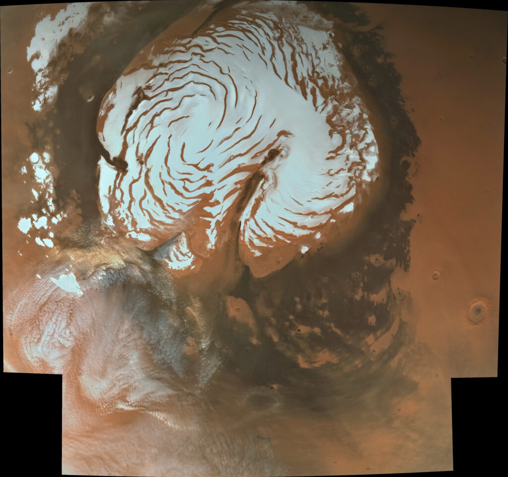 Scientific illustration of the North Pole of Mars, as photographed by a Chinese space probe, looking like a nautilus shell.