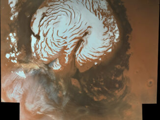 Scientific illustration of the North Pole of Mars, as photographed by a Chinese space probe, looking like a nautilus shell.