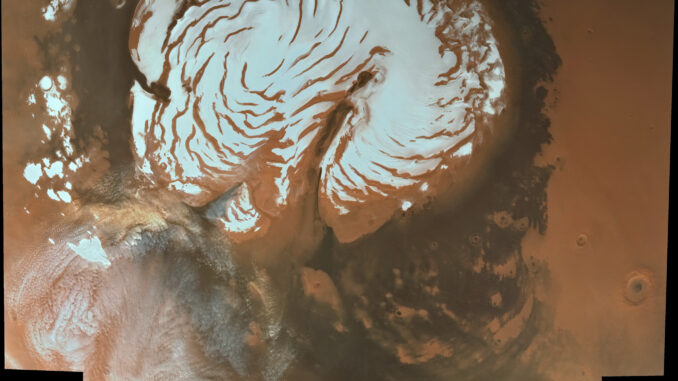 Scientific illustration of the North Pole of Mars, as photographed by a Chinese space probe, looking like a nautilus shell.