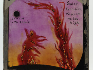 Scientific illustration of solar flares with the Earth to scale, showing how big they are compared to our planet. Orange fronds reaching across a pale purple void toward a small, dark ball.