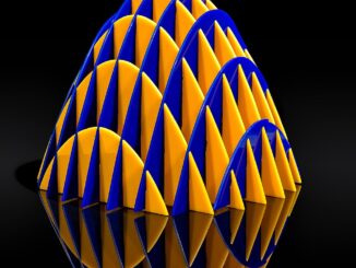 Scientific illustration of a mathematical shape, a circular paraboloid, looking a little like a stained-glass arch or a checkerboard dome standing by a reflecting pool.