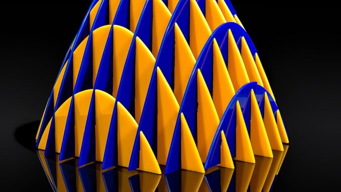 Scientific illustration of a mathematical shape, a circular paraboloid, looking a little like a stained-glass arch or a checkerboard dome standing by a reflecting pool.