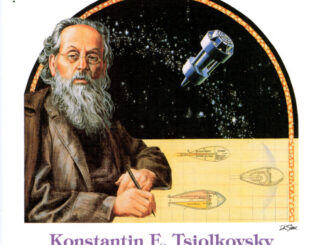 Scientific illustration of Konstantin Tsiolkovsky, a bearded man in small, oval glasses, apparently wearing pajamas and a capacious overcoat as he sketches rocket bodies, while over his shoulder, a strange white barbell-shaped craft navigates through the inky blackness of space.