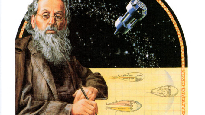 Scientific illustration of Konstantin Tsiolkovsky, a bearded man in small, oval glasses, apparently wearing pajamas and a capacious overcoat as he sketches rocket bodies, while over his shoulder, a strange white barbell-shaped craft navigates through the inky blackness of space.