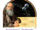 Scientific illustration of Konstantin Tsiolkovsky, a bearded man in small, oval glasses, apparently wearing pajamas and a capacious overcoat as he sketches rocket bodies, while over his shoulder, a strange white barbell-shaped craft navigates through the inky blackness of space.