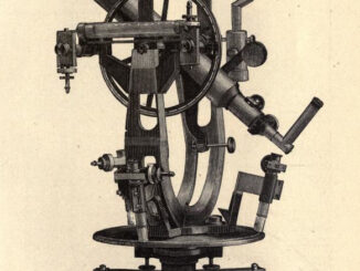 Scientific illustration of 19th century apparatus, gears and wheels and tubes, for determining altitude and azimuth. It's all very complicated.