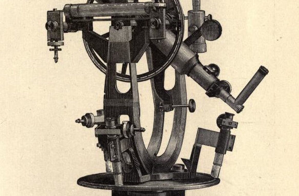 Scientific illustration of 19th century apparatus, gears and wheels and tubes, for determining altitude and azimuth. It's all very complicated.