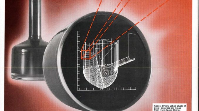 Scientific illustration of 1960s circuitry, a cathode-ray tube as it plots a graph.