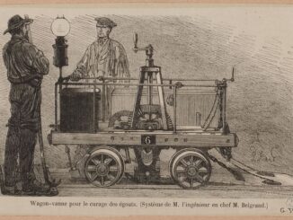 Scientific illustration of the machinery used in the Parisian sewers, a cart with gears and a light.