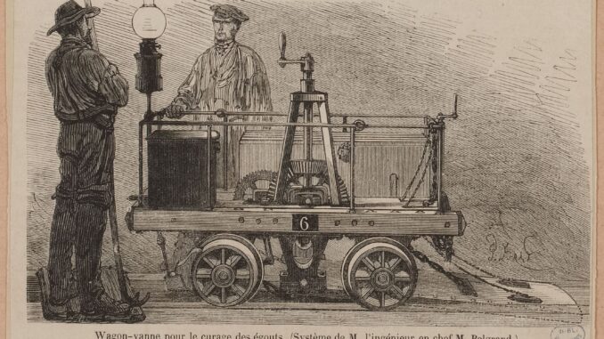 Scientific illustration of the machinery used in the Parisian sewers, a cart with gears and a light.