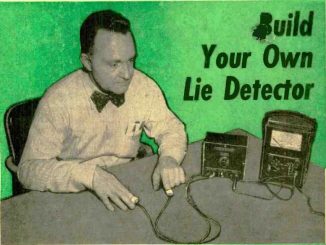 Scientific illustration of a homemade lie detector in use: a man with a bow tie and pocket protector against a lurid green background sits at a table beside a pair of electric boxes with wires leading to electrodes taped to his fingertips.
