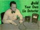 Scientific illustration of a homemade lie detector in use: a man with a bow tie and pocket protector against a lurid green background sits at a table beside a pair of electric boxes with wires leading to electrodes taped to his fingertips.