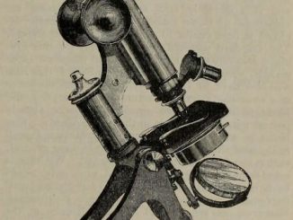 Scientific illustration of an early 20th-century microscope, elegant curves and shining tubes.
