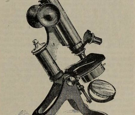 Scientific illustration of an early 20th-century microscope, elegant curves and shining tubes.