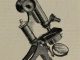 Scientific illustration of an early 20th-century microscope, elegant curves and shining tubes.