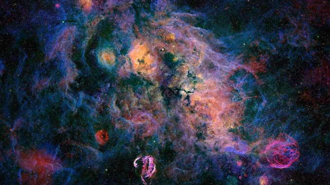 Scientific illustration of brilliantly colored nebulae in the depths of space.